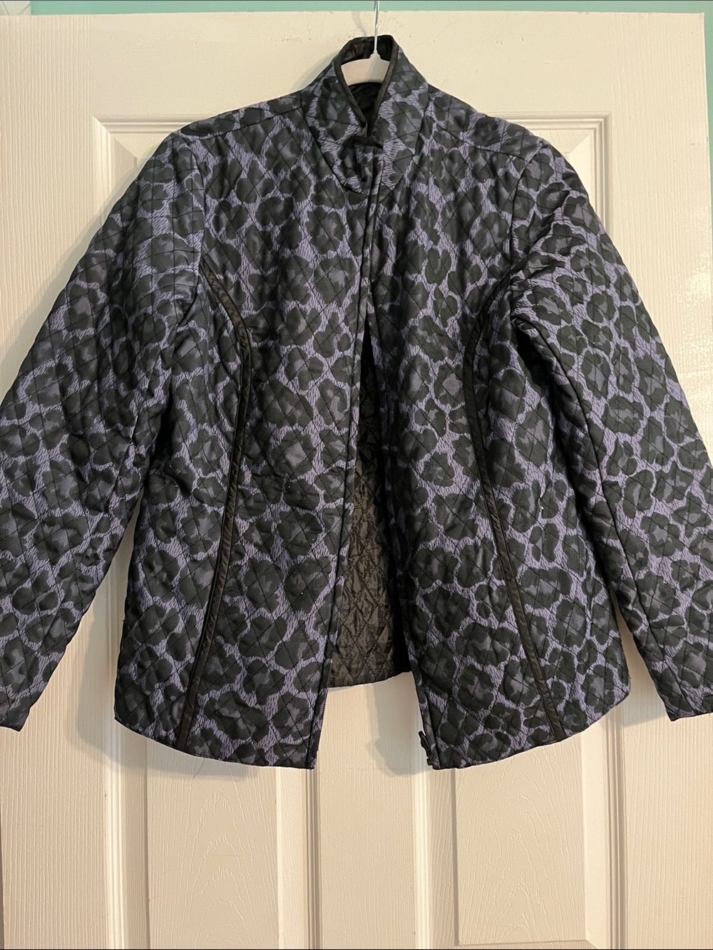 Quilted Leopard-Print Puffer Jacket in Black and Lavender